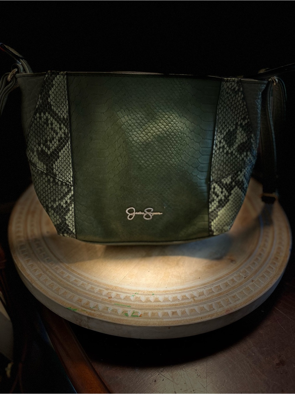 Jessica Simpson Dark Green Crossbody with Snake-Print Panels